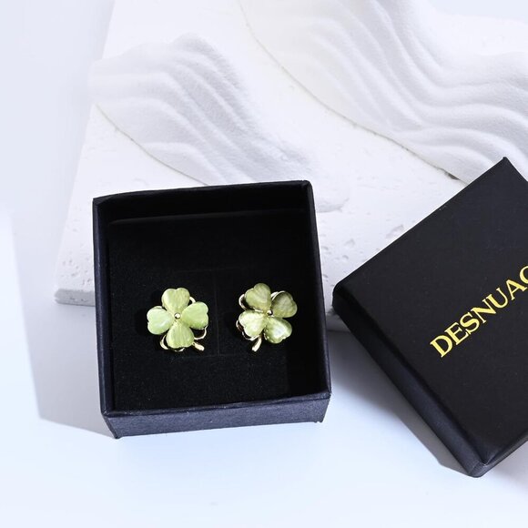 Rotatable Four Leaf Clover Earrings Green Jade Gold Stud Trendy Women - Picture 7 of 7